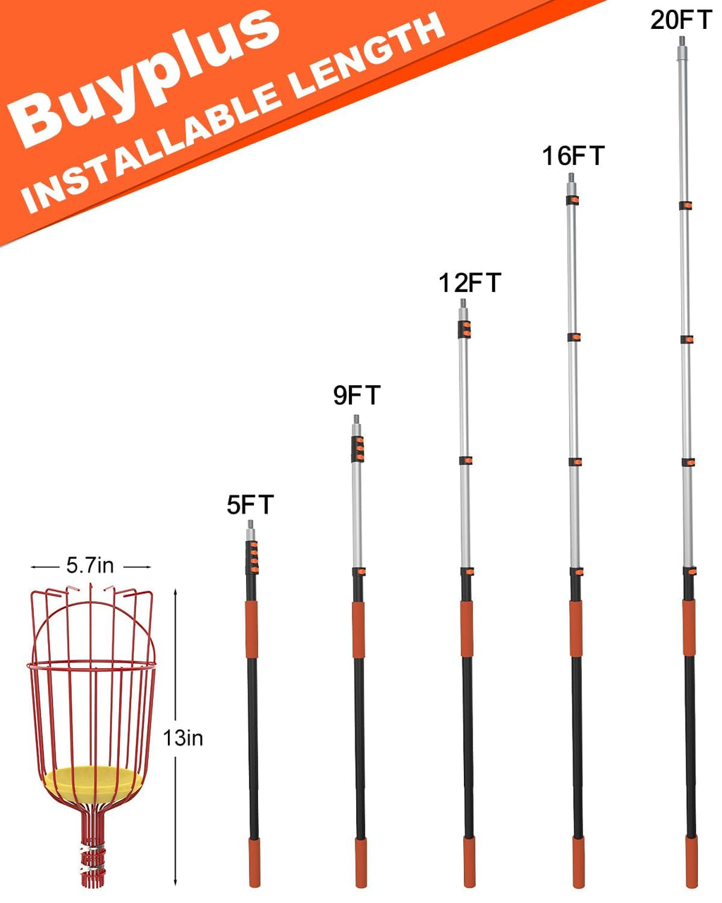 Buyplus 26ft High Reach Fruit Picker with Basket Telescoping, 5-20 Foot Heavy Duty Sturdy Aluminium Telescoping Extension Pole, Easy to Attach Twist-On Metal Basket for Picking Mango Avocado Lemon