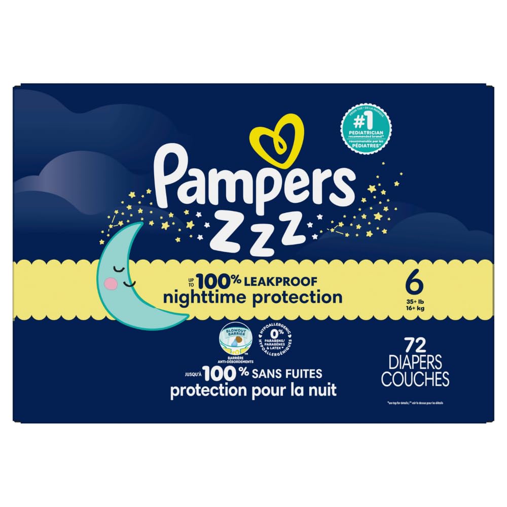 Pampers ZZZ Overnight Diapers, Size 6 (23-44 lbs), 72 Count, Nighttime Protection Disposable Baby Diaper