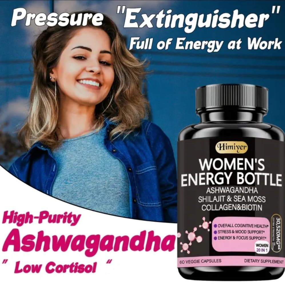 Himiyer Women's Energy Supplement, 60 Veggie Capsules, with Ashwagandha, Shilajit, Sea Moss, Collagen and Biotin