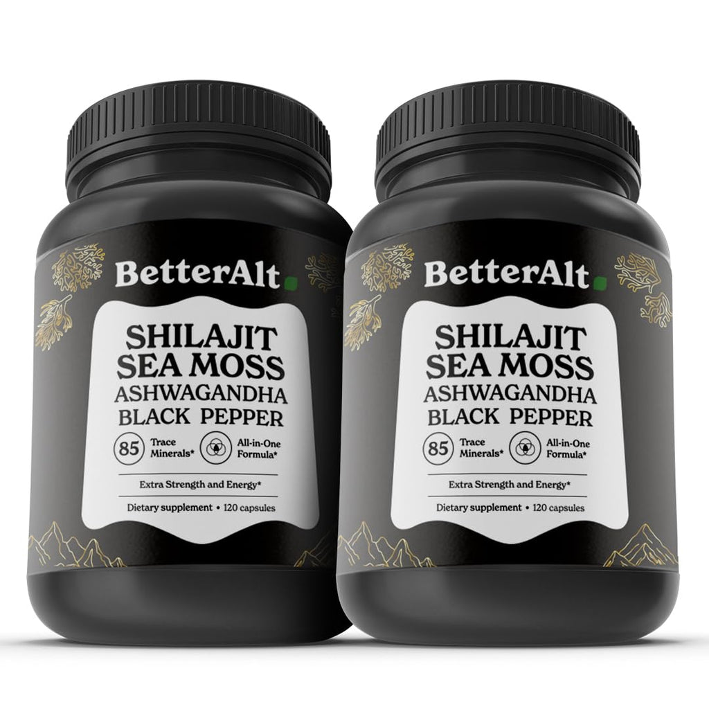 Better Alt Shilajit Sea Moss Capsules Pack of 2 with Ashwagandha & Black Pepper Extract with 85+ Essential Minerals & Antioxidants| Boosts Energy & Metabolism - 120 Servings, 240 Capsules