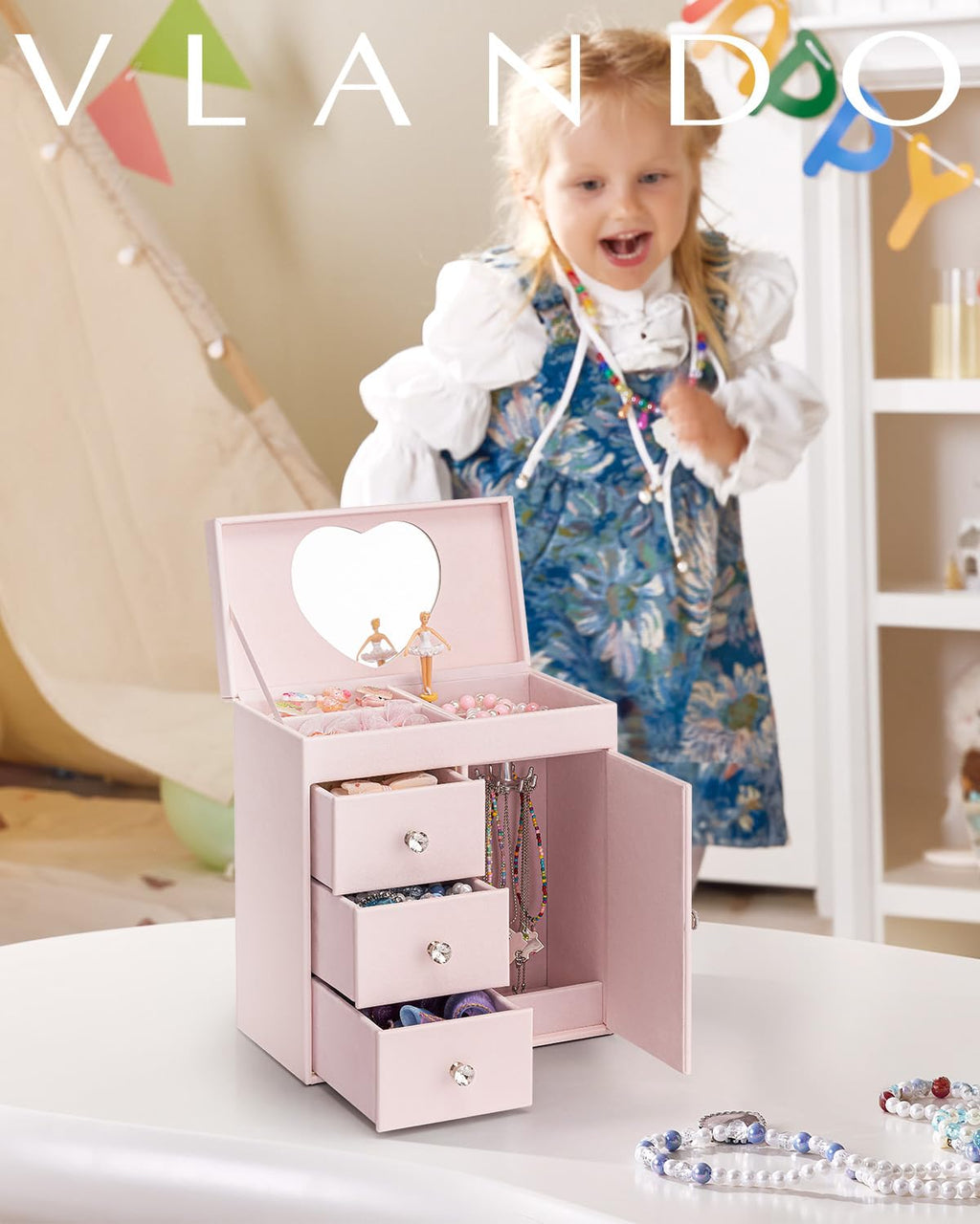 VLANDO 4 Layer Musical Jewelry Box, 3 Drawers Storage and Necklace Hook