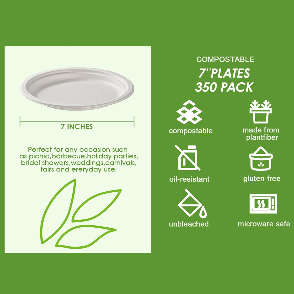 Vplus 350 Pack Paper Plates 6.9 inch 100% Compostable, Heavy-Duty Disposable Paper Plates Bagasse Natural Biodegradable Eco-Friendly Sugarcane(White)