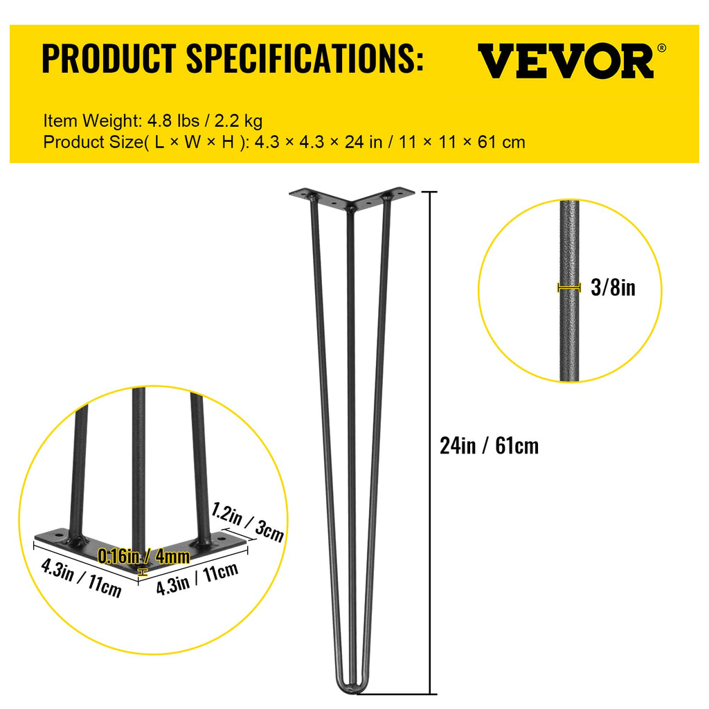 VEVOR Hairpin Table Legs 24" Black Set of 4 Desk Legs 880lbs Total Load Capacity Hairpin Desk Legs 3 Rods for Bench Desk Dining End Table Chairs Carbon Steel DIY Heavy Duty Furniture Legs