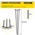 VEVOR Hairpin Table Legs 24" Black Set of 4 Desk Legs 880lbs Total Load Capacity Hairpin Desk Legs 3 Rods for Bench Desk Dining End Table Chairs Carbon Steel DIY Heavy Duty Furniture Legs