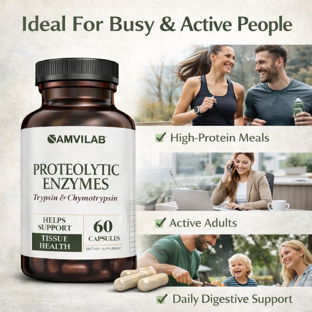 AMVILAB Proteolytic Enzymes | Trypsin & Chymotrypsin – Advanced Digestive Enzyme Supplement for Woman&Men - Digestive Enzymes for Protein Breakdown, Immune & Circulatory Health - 60 Capsules