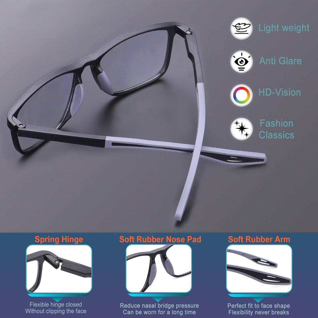BLOEXCLU 4 Pack Progressive Multifocus Reading Glasses for Men Women TR90 Sports Style Anti-Blue Light Computer Readers (black & blue & grey & transparent, 3, x)