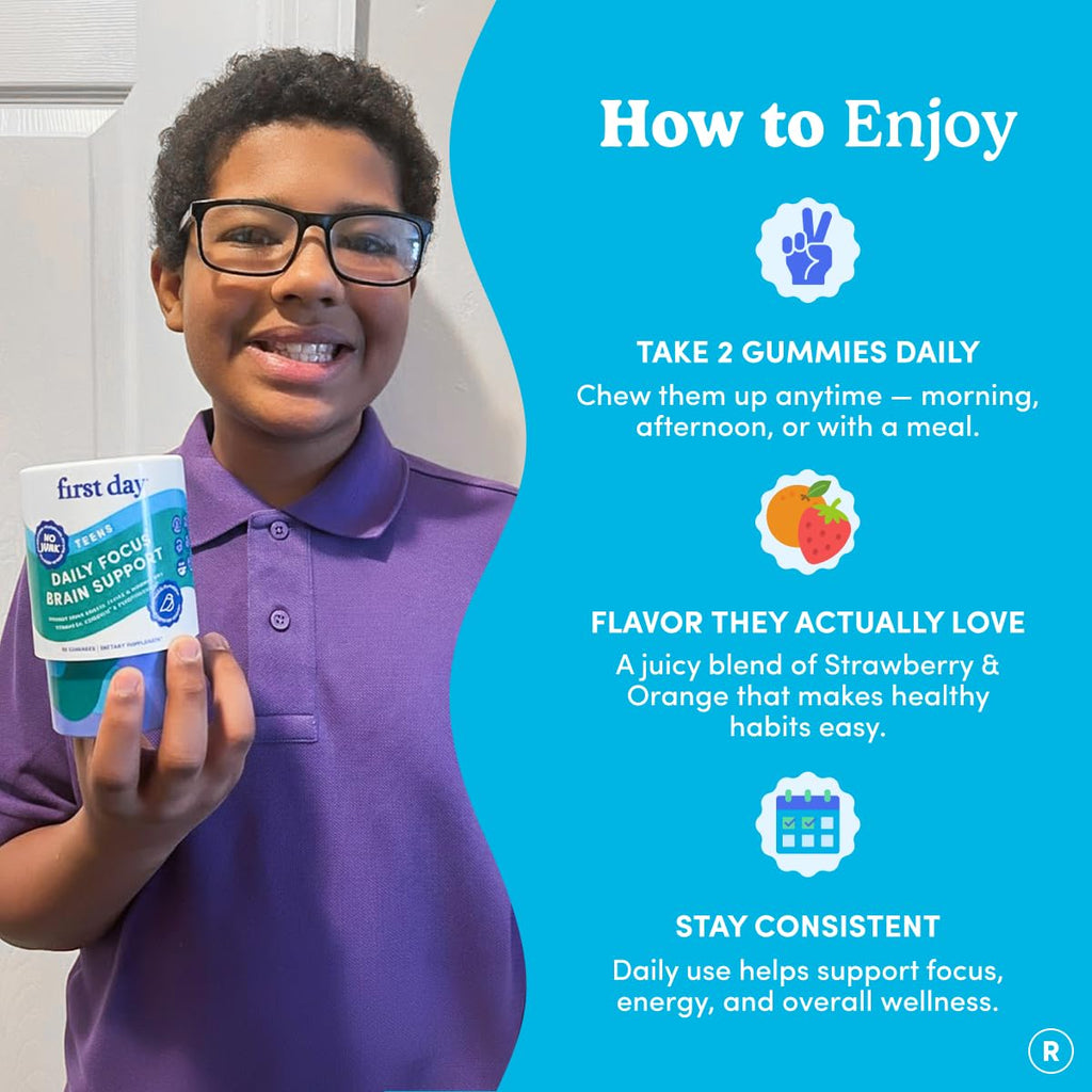 FIRST DAY Teen Brain & Focus Supplement Gummies Ages 13–18 | Study & Concentration Support with Cognizin® Citicoline & Phosphatidylserine | Vegan, Non-GMO, Caffeine-Free | 30-Day Supply