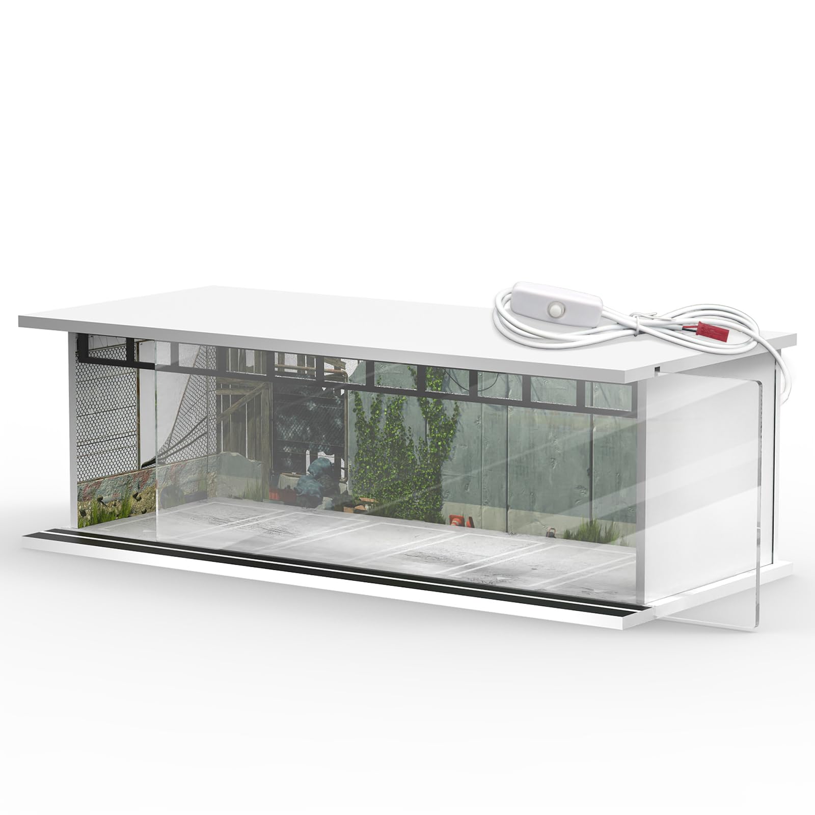 SAMYUCHO 1/64 Scale Diecast Display Case for Hot Wheels Matchbox Cars, Toy Car Model Mini Garage with LED Light and Acrylic Cover, Stackable Parking Lot Diorama Storage for Collection Present