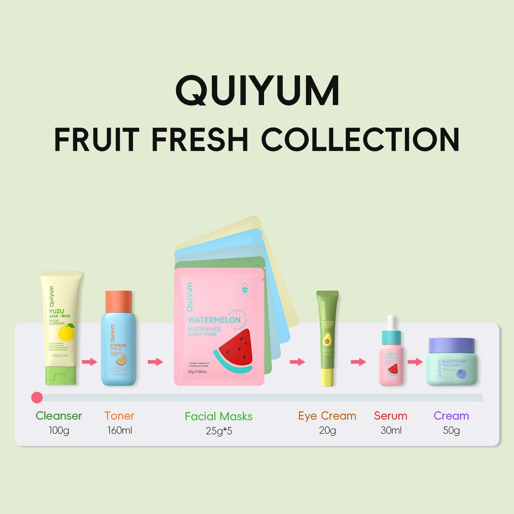 QUIYUM Fruit Skin Care Sets, Routine Skincare with Facial Mask, Beauty Skincare for women, Facial Care, Hydration, Moisturizing, Oil Control, Glow Up, Teen Girl Gifts Trendy Stuff, Spa-Like at Home