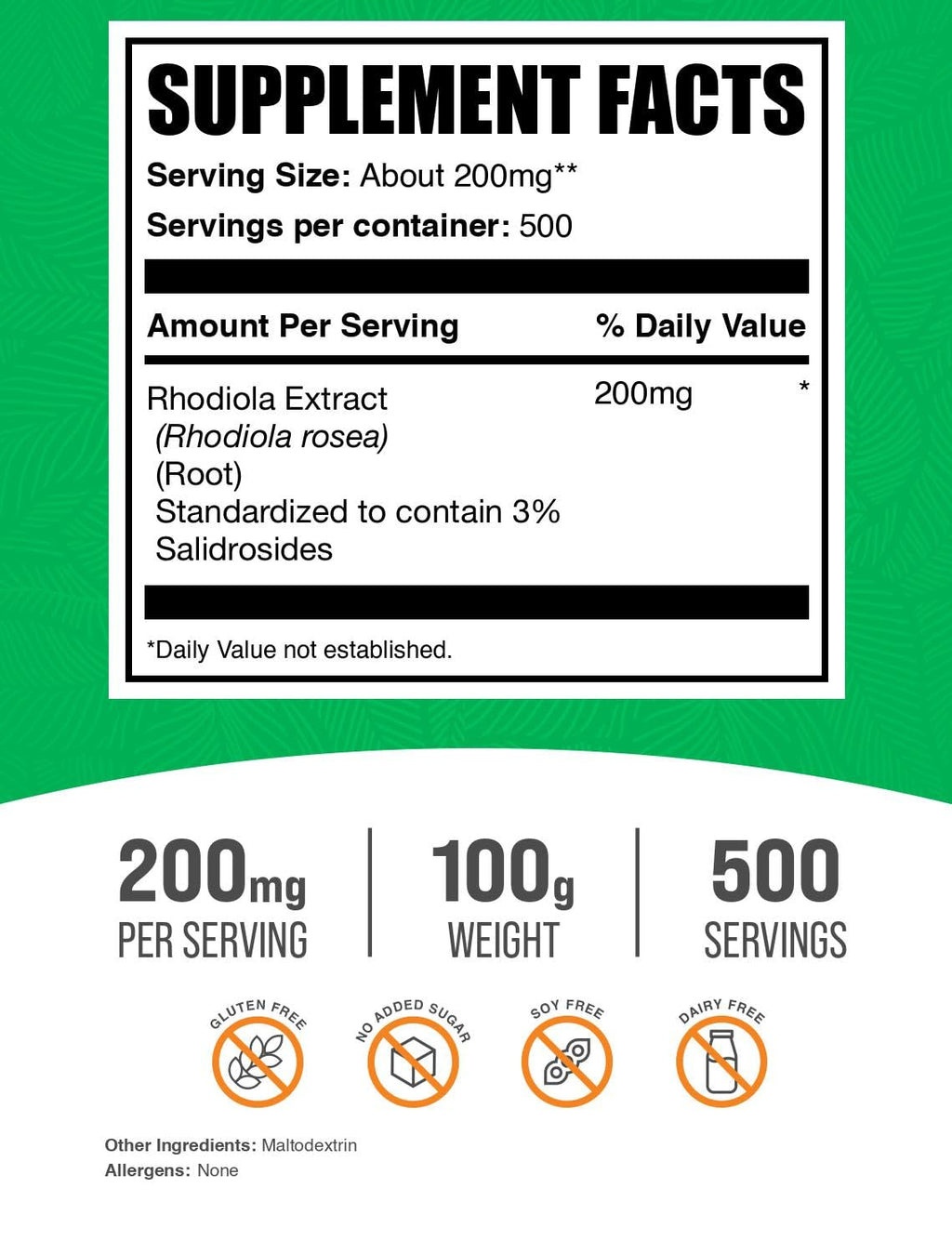 BulkSupplements.com Rhodiola Extract Powder - 3% Salidrosides, Rhodiola Rosea Extract - Herbal Supplement, Gluten Free, 200mg per Serving, 100g (3.5 oz) (Pack of 1)