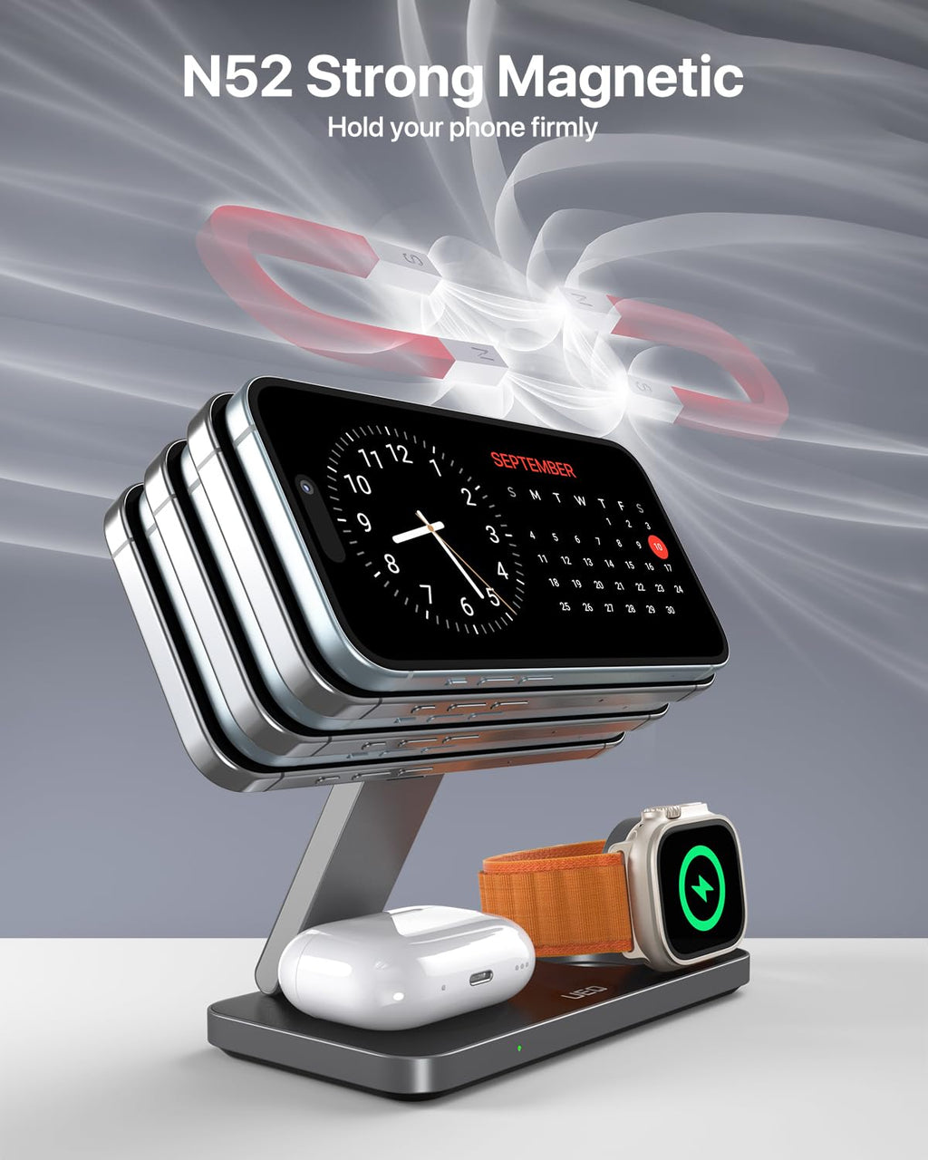 UEQ Foldable 3 in 1 Wireless Charging Station for Apple Magsafe Charger Stand,Fast Magnetic Wireless Charger Station for iPhone 18 Pro Max 17 Air 16 15 14 13 12 Series,Apple Watch,AirPods(Pure Black)