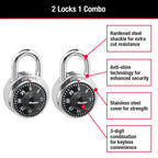Master Lock Black Gym Locker Lock Combination Padlock, Indoor Combo Lock with Preset 3-Digit Code for Cabinets, Storage, 2 Pack, 1500T