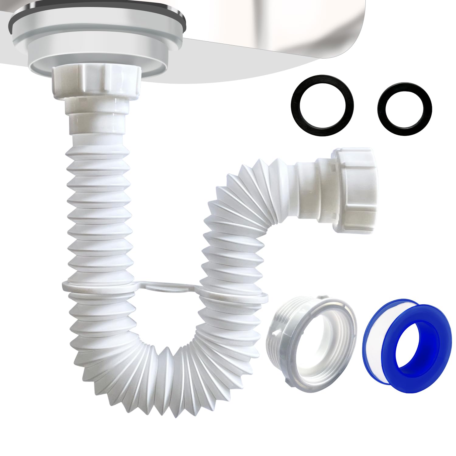 VIVIDA 1-1/2" Sink Drain Pipe Kit, Flexible Drain Pipe P Trap, 7.5"-17.7" Flexible P Trap, Under Sink Plumbing for Bathroom & Kitchen, 1-1/4" Adapter Included, 1 PACK