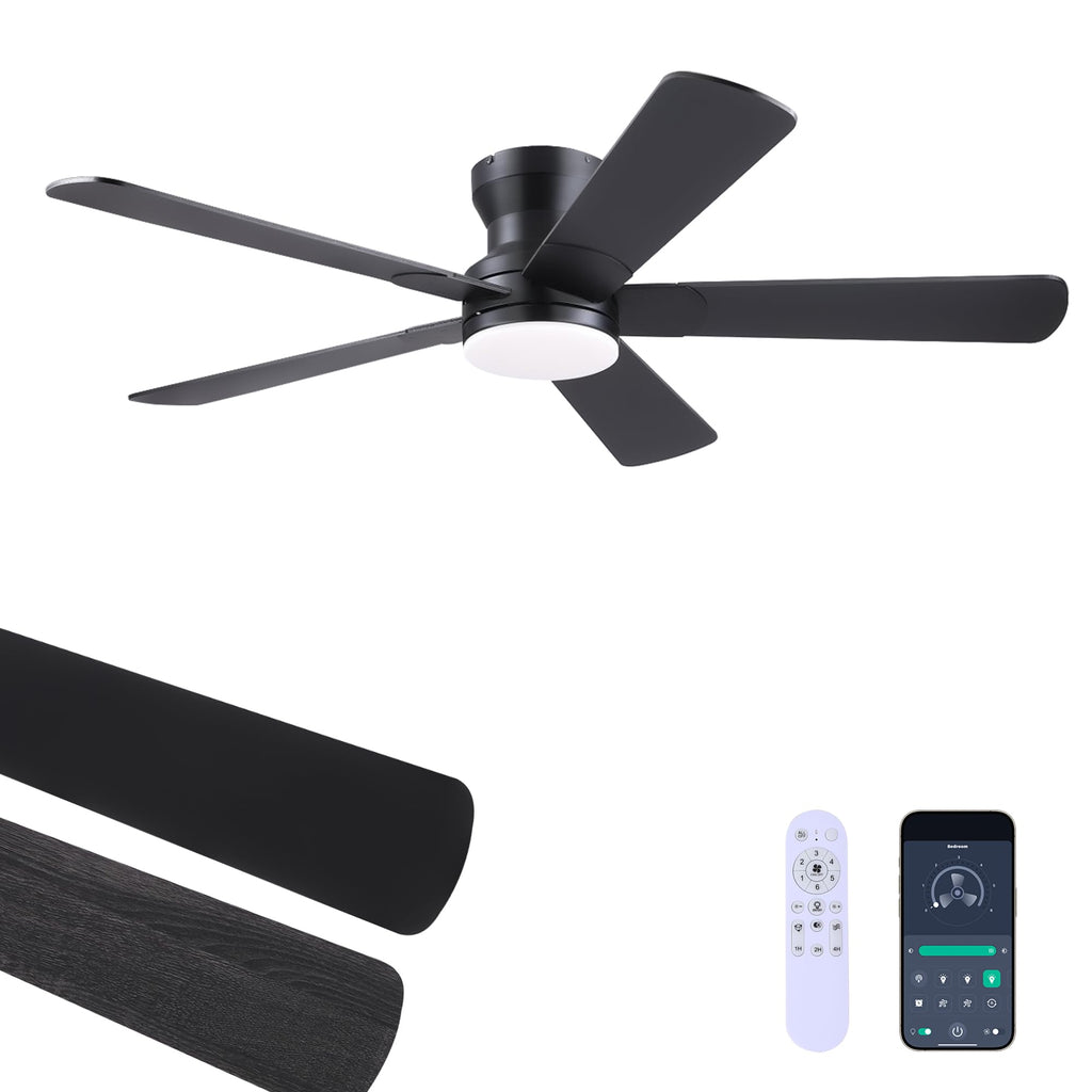 Ayaoty 52" Black Ceiling Fans with Lights and Remote - Flush Mount Fan Light with 5 Reversible Blades, 3CCT Dimmable, DC, Low Profile Ceiling Fan for Modern Indoor, Covered Outdoor