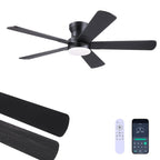 Ayaoty 52" Black Ceiling Fans with Lights and Remote - Flush Mount Fan Light with 5 Reversible Blades, 3CCT Dimmable, DC, Low Profile Ceiling Fan for Modern Indoor, Covered Outdoor
