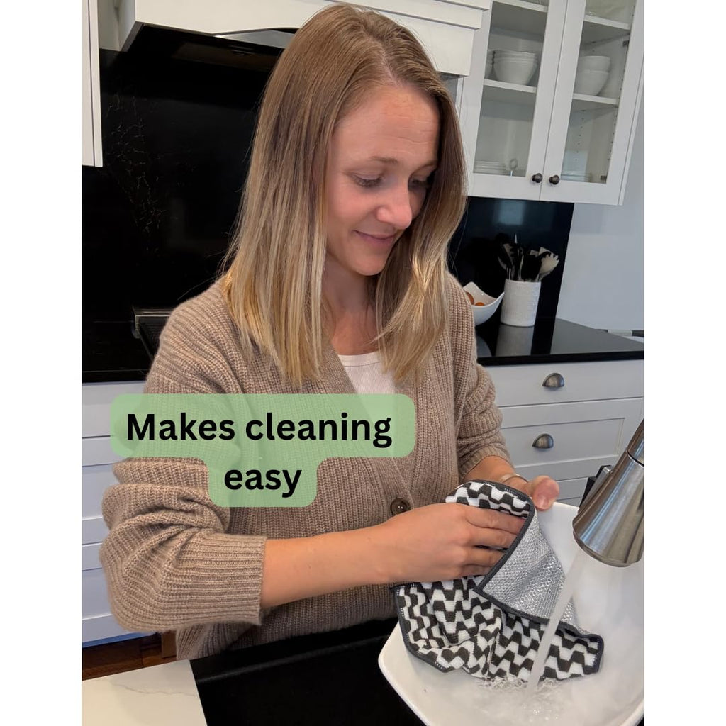 Severn Dish Cloths for Washing Dishes 4pk. Odor-Resistant Dish Rags with Non-Scratch Wire Scrubber Side for Kitchen Cleaning. Grime-Fighting Bamboo-Charcoal Microfiber 2-Sided Dishrags. Machine Wash