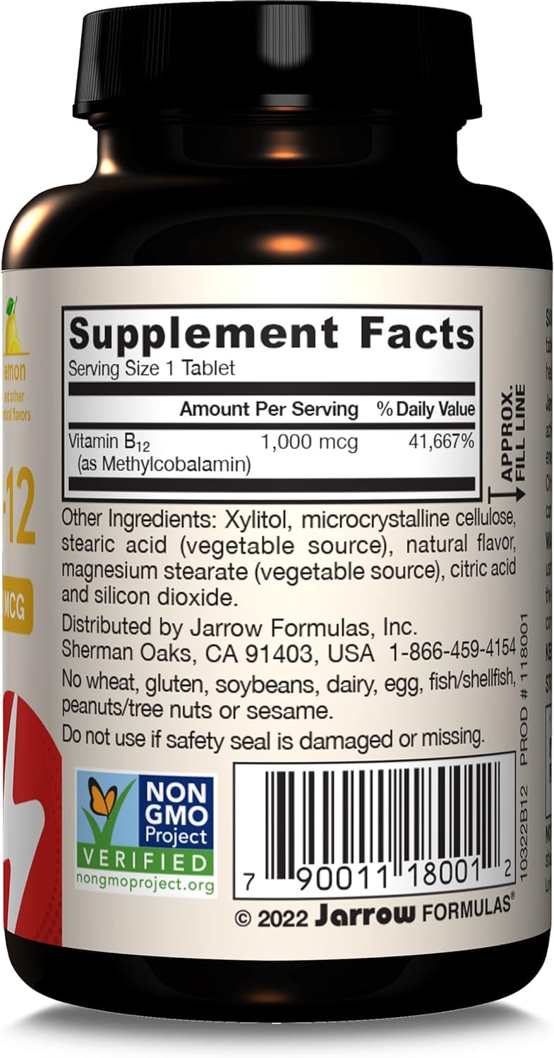 Jarrow Formulas Methyl Vitamin B-12 1000 mcg, 100 Chewable Tablets, Lemon Flavored- Vitamin B12 - Supports Cellular Energy Production, Brain Health & Metabolism - 100 Servings (Pack of 2)