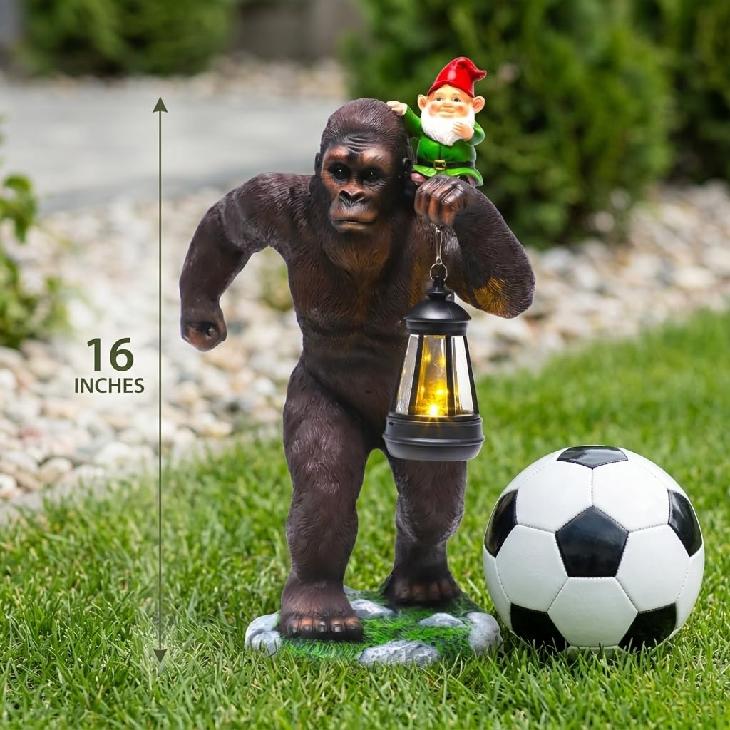 Solar Bigfoot Garden Statue with Gnome & Lantern, 16 Inch Sasquatch Decor