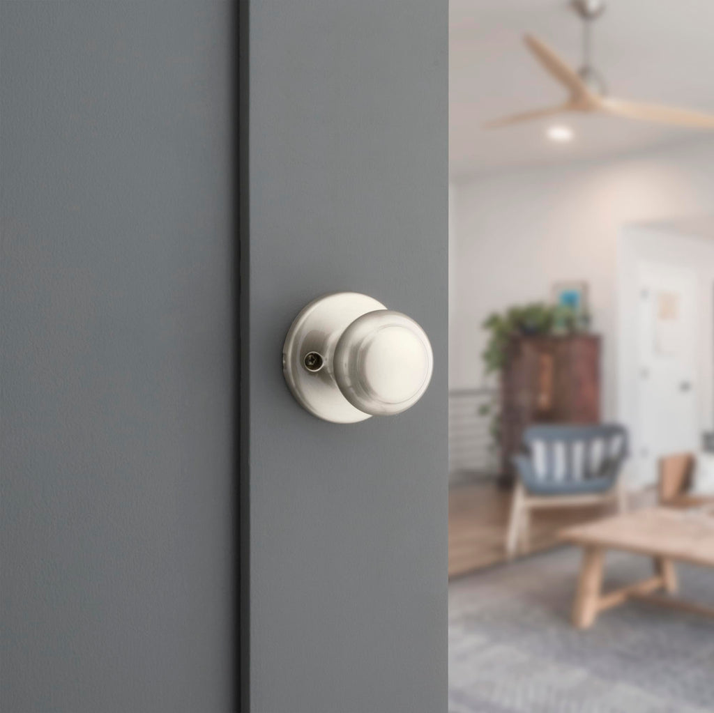 Kwikset Cove Interior Passage Door Knob, Handle For Closet and Hallway Doors, Non-Locking Doorknob in Satin Nickel, with Microban Protection