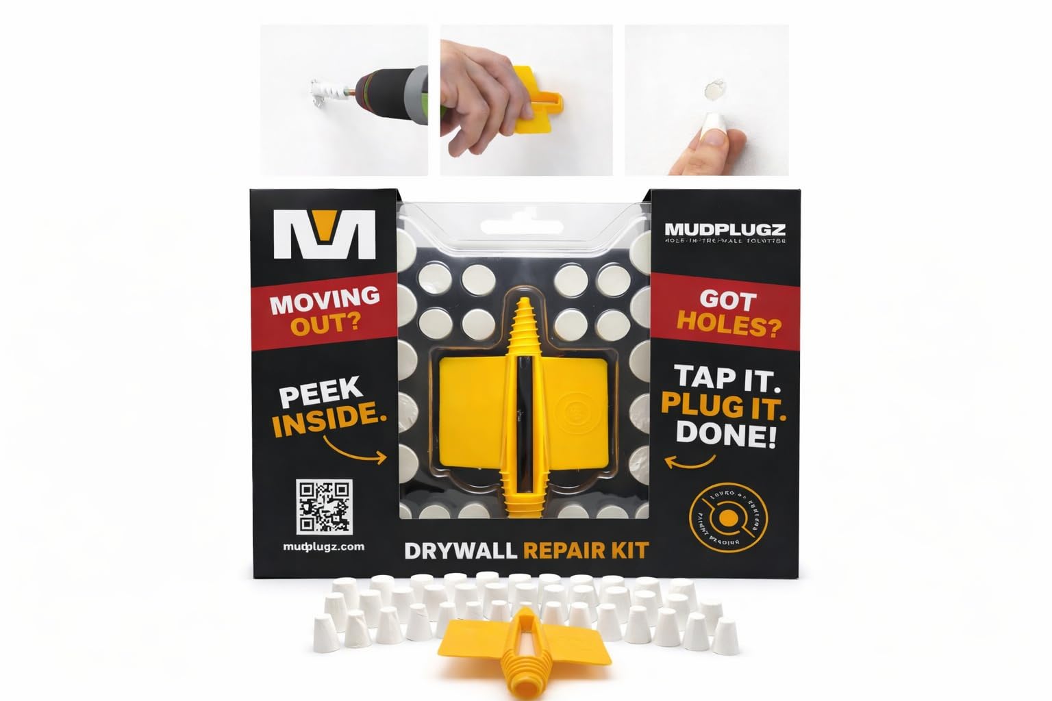 FIX Drywall Anchor Holes Fast - MudPlugz Drywall Hole Repair Kit - No Mesh - No Spackle - Professional Small Hole Wall Patch Kit - 36 Plugs - Reusable Prep Tool - Quick and Easy