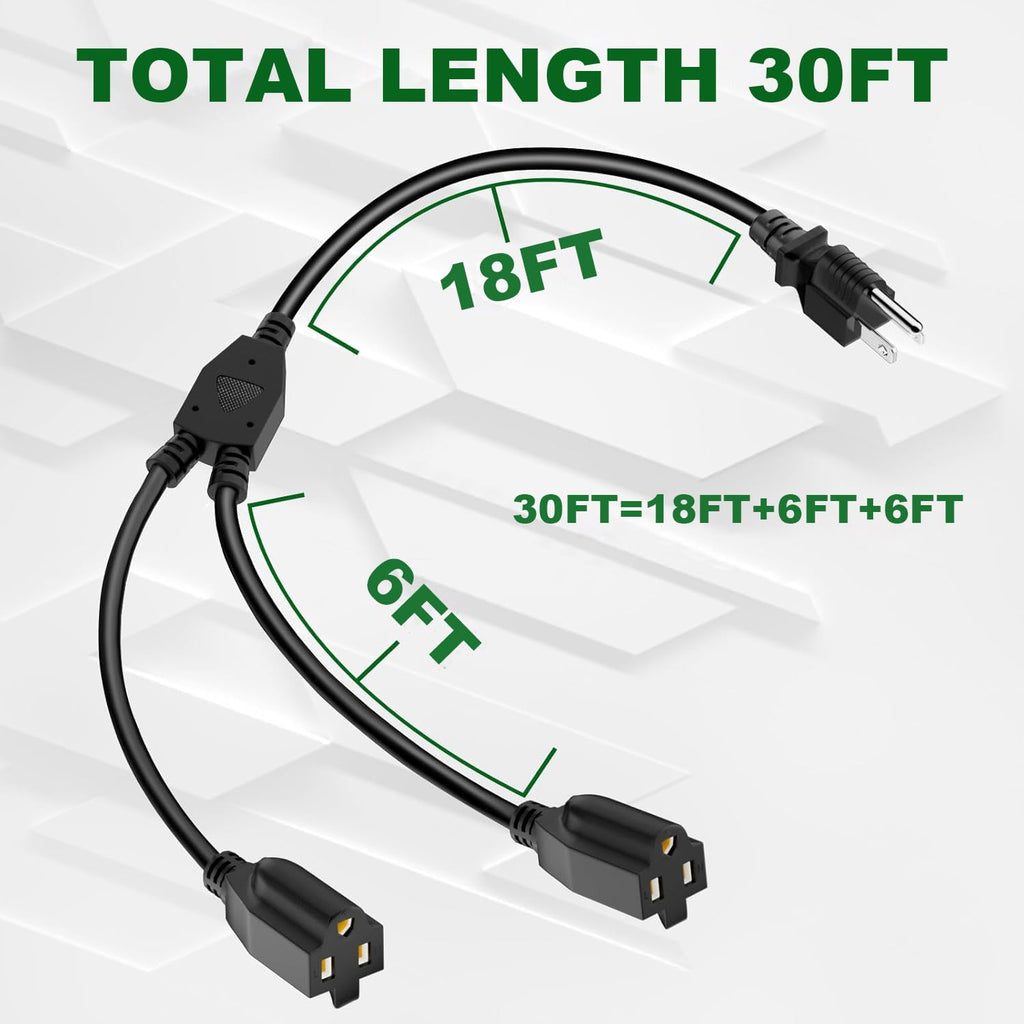 2 Way Power Extension Cord Splitter 30 Ft Total (18+6+6)-3 Prong 1 to 2 Extension Cord Cable Y Splitter-Outlet Adatper-SJTW Outdoor for Halloween Christmas Lighting Landscaping-16AWG 13A 125V-UL-1T2