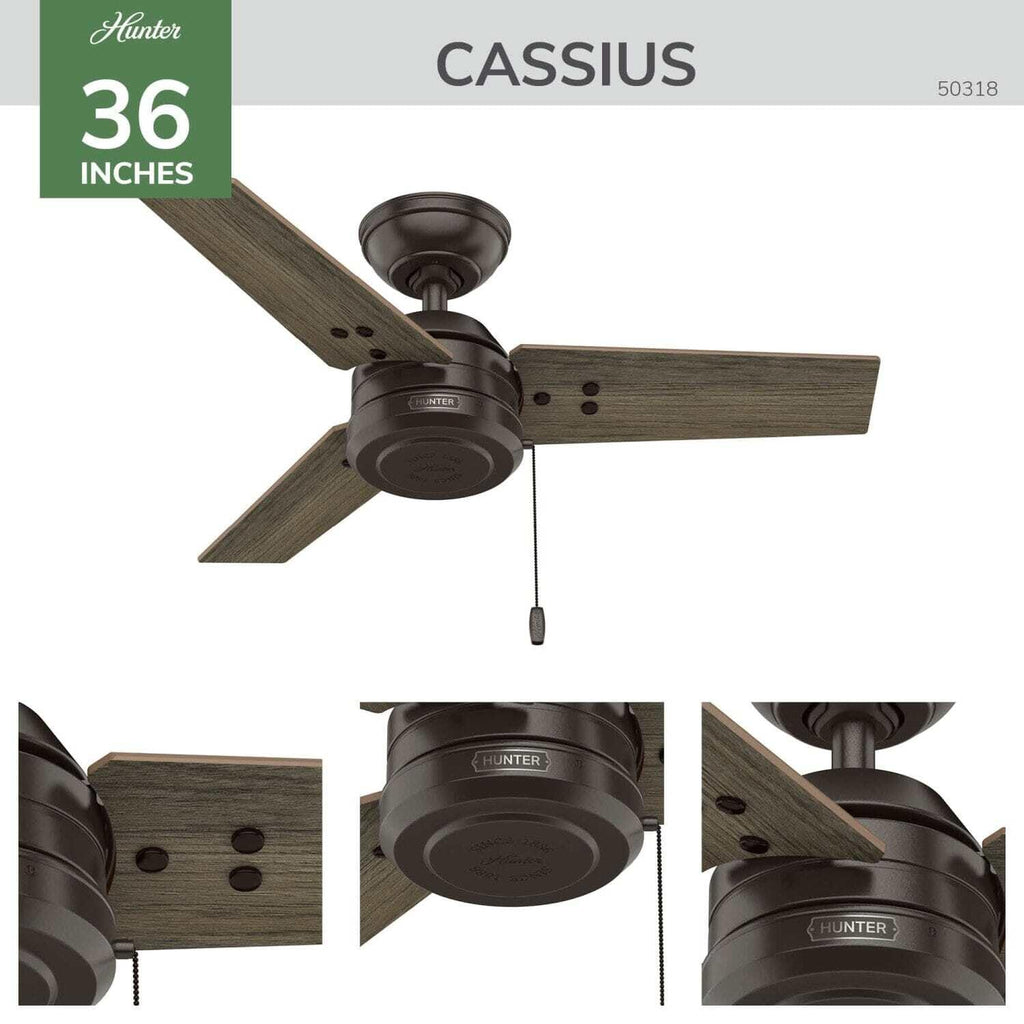 Hunter 36 inch Outdoor or Indoor Ceiling Fan No Light - Bronze Ceiling Fan without Light, For Patio, Porch, Garage, or Living Room, Standard Mount, 3 Blades, Pull Chain - Cassius 50318, Noble Bronze