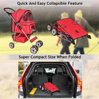 4 Wheels Pet Stroller Cat Dog Cage Stroller Travel Folding Carrier with Cup Holders and Removable Liner for Small-Medium Dog, Cat (Red)