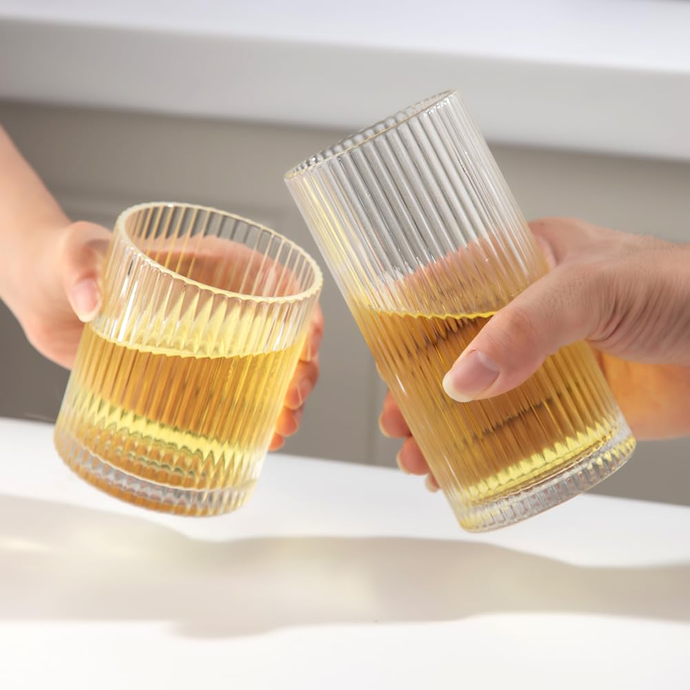 Lumkit Ribbed Drinking Glasses 8pcs, 12oz and 10oz Glassware, Tumbler Glasses Cup Set for Wedding, Party, Christmas Gift, Clear