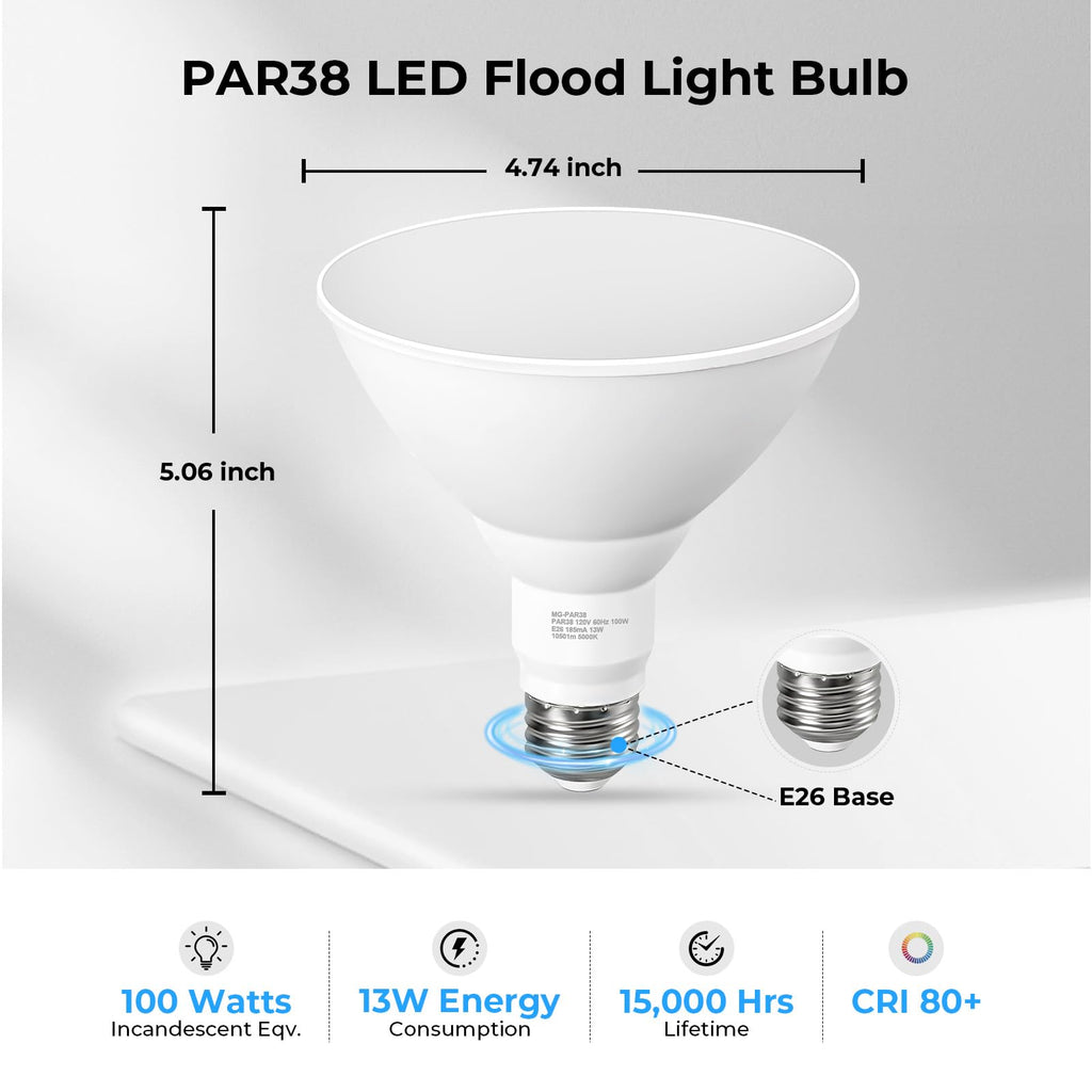 GvvooHome 10 Pack PAR38 LED Outdoor Flood Light Bulbs, 100W Equivalent, 5000K Daylight White, Dimmable Waterproof LED Floodlight for Porch Yard Garage, E26 Base 1050LM, 13W, 15,000 Hrs