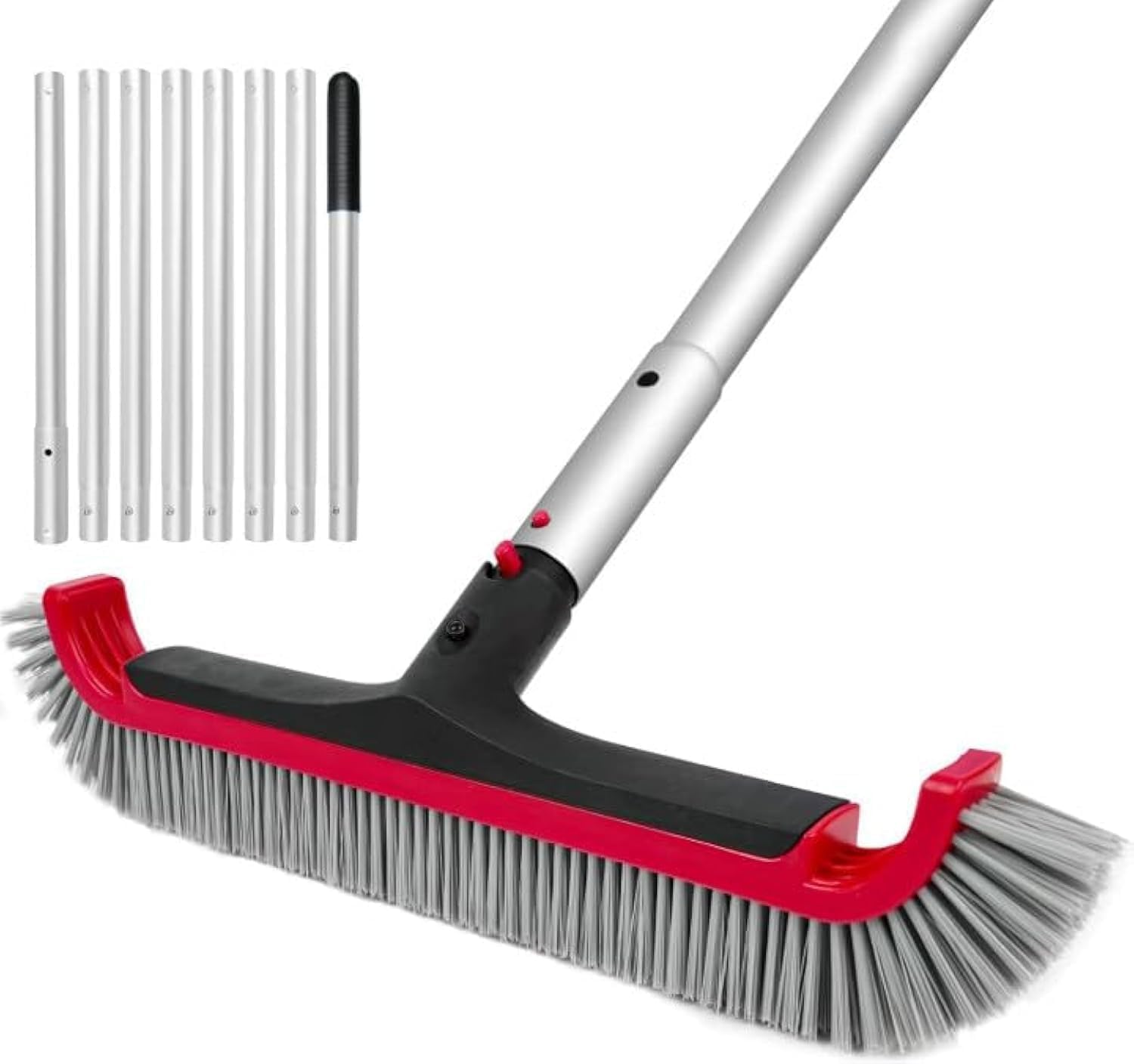 Swimming Pool Brush with Pole - 17.5" Wall Brush with 10FT Adjustable Aluminum Pole, Nylon Bristles, Curved Ends, EZ Clip Handle, Pool Brush for Cleaning Walls, Tiles & Floors
