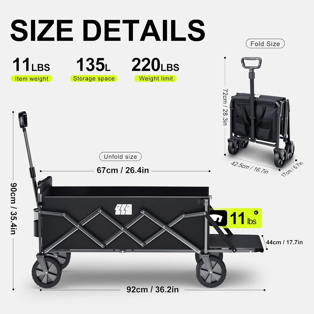 TANSTRIDER Collapsible Wagons Carts Foldable with Extended Tailgate, Folding Wagon Cart on Wheels, Portable Heavy Duty Shopping Carts for Groceries, Apartment, Garden, Camping, Sports,Outdoor (Black)