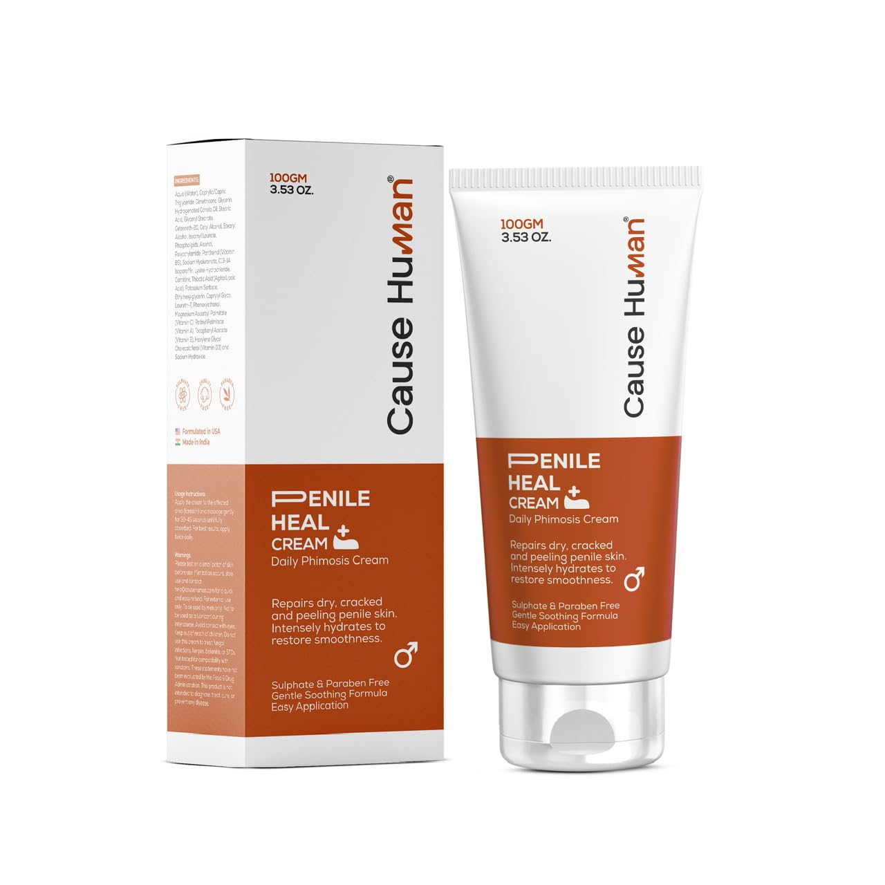 CAUSEHUMAN Penile heal cream for phimosis, redness, dryness, and scarring of skin | Prevents Irritation | Phimosis Cream | Restores and Moisturizes skin | 100 ml (3.38 fl oz) | 60 days supply
