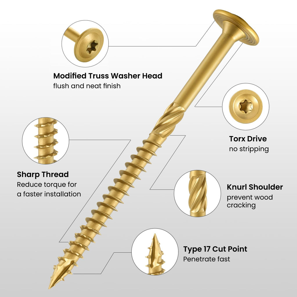 BNUOK Lag Screws #14 x 2-1/2 Inch, (2.5lb, 116pcs) Heavy Duty Construction Structural Exterior Wood Timber Screws, Torx Drive Washer Head Rust Resistant Golden Epoxy Coated, with T30 Star Bit