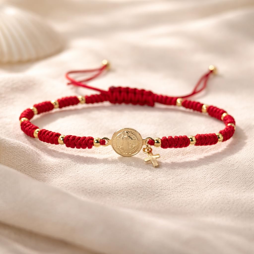St Benedict Medal Red String Adjustable Bracelet for her Pulsera San Benito