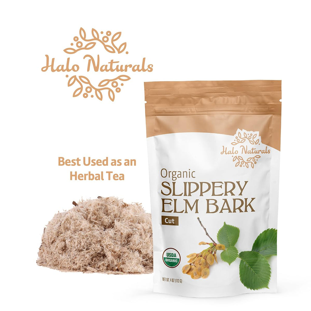 Halo Naturals Organic Slippery Elm Bark Cut, 4 Ounces (Ulmus rubra) USDA Certified | Resealable Pouch| Packaged in The USA (Pack of 1)