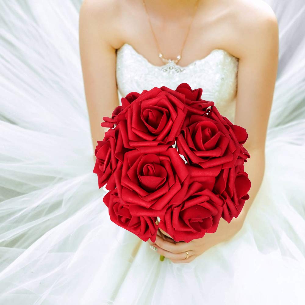 AmyHomie Dark Red Rose 50pcs Real Looking Artificial Flowers w/Stem
