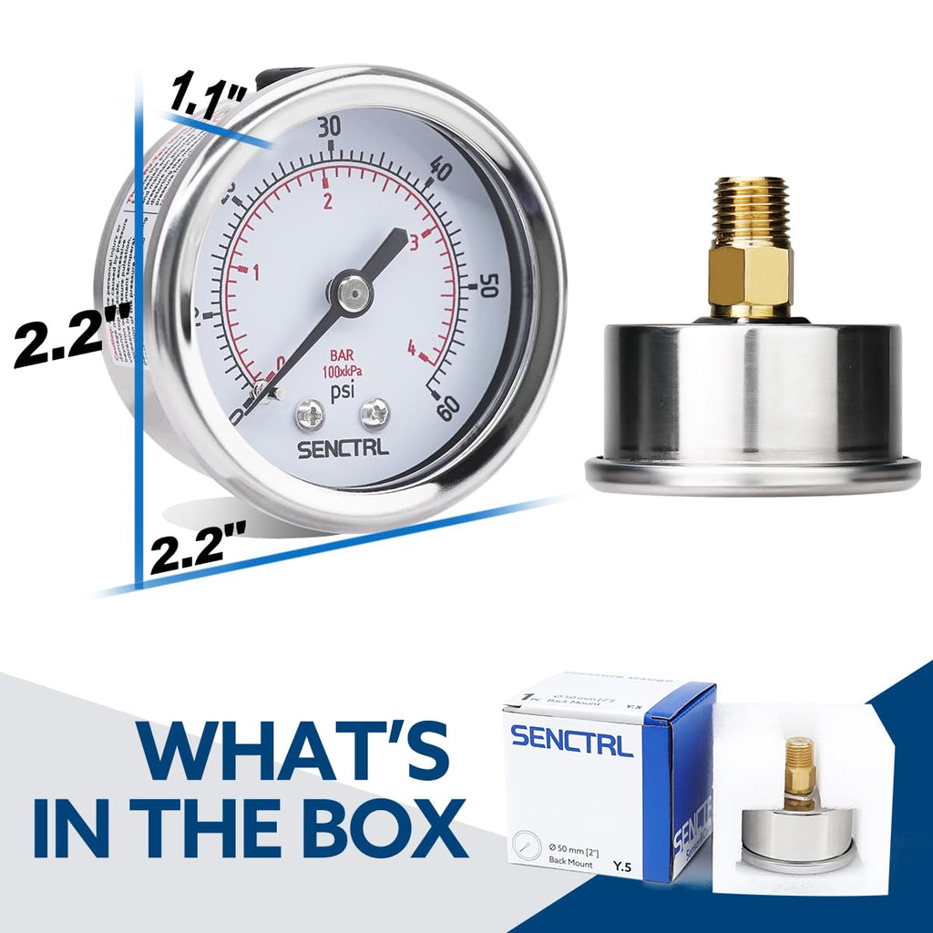 SENCTRL 0-60 Psi Low Pressure Gauge, 1/4 NPT Back Mount