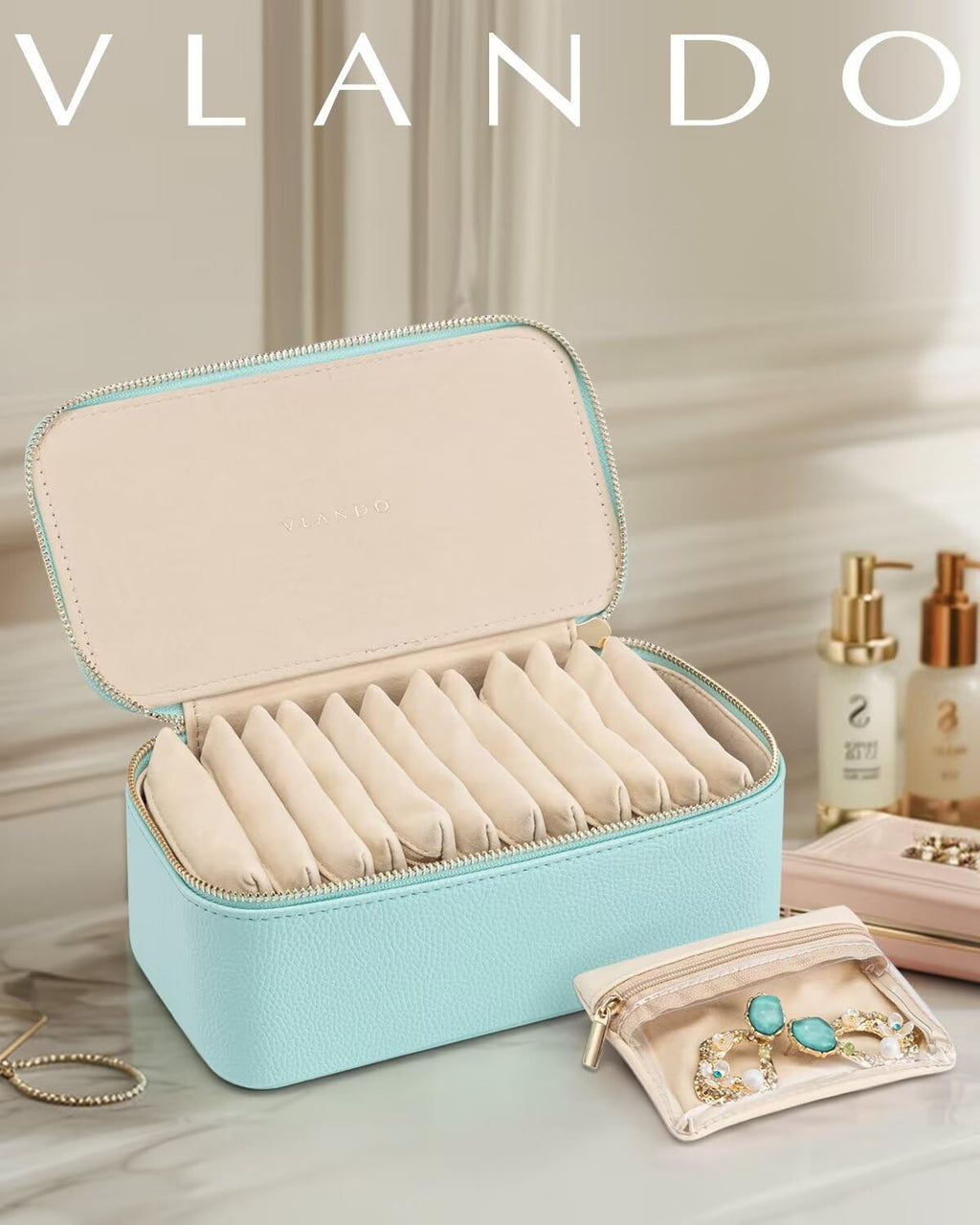 Vlando Jewelry Travel Case,Travel Jewelry Organizer with Clear Velvet Jewelry Bags 12Pcs Zipper Pouch for Women Girl Trendy Stuff Gift-Lake Blue