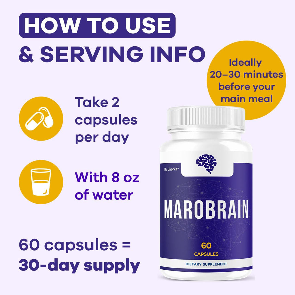 Marobrain Capsules - Official Marobrain Supplement Pills Daily Support Brain & Mermory Focus, All Natural Advanced Premium Formula for Overall Health & Wellness, 60 Capsules for 1 Month