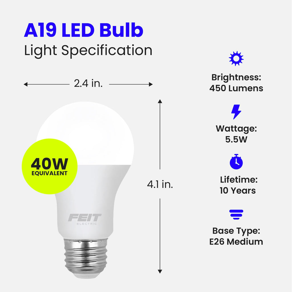 Feit Electric A19 LED Light Bulb, 40-Watt Equivalent,3500K White,E26 Base,450 Lumens,11,000-Hr Lifespan,General-Purpose Residential or Commercial Applications,A450/835/10KLED/4,4 Count (Pack of 2)