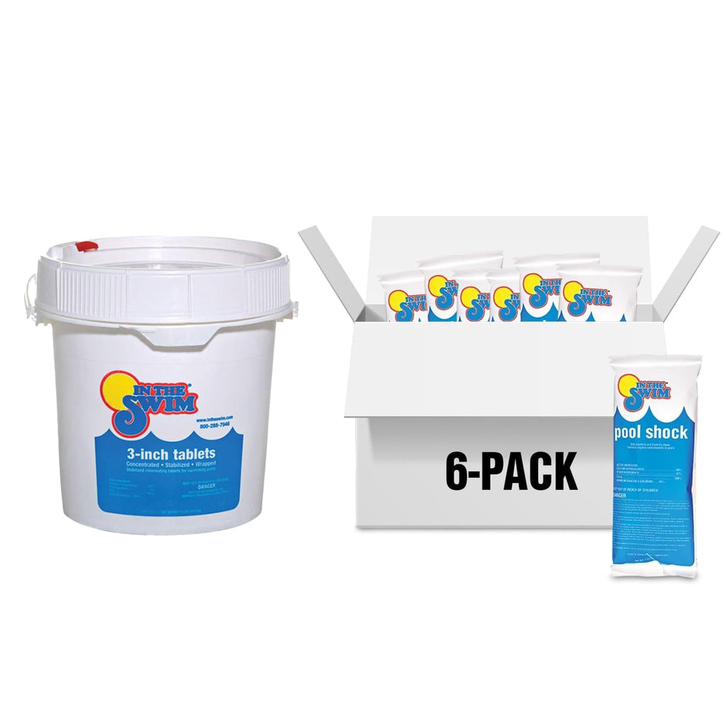 In The Swim Chlorine and Shock Bundle for Sanitizing Swimming Pools – Includes 5 Pound Bucket of 3 Inch Stabilized Chlorine Tablets and 6 x 1 Pound Bags of 68% Cal-Hypo Pool Shock