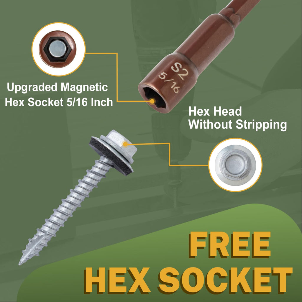 LIONMAX 300-PCS Metal Roofing Screws #10 × 1 Inch, Rustproof Coating Hex Head Sheet Metal to Wood Siding Screw with Rubber Washer, Sharp Point, Hex Socket Included