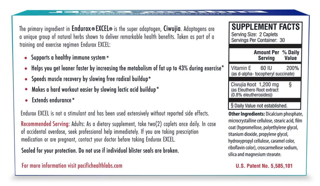 Pacific Health Endurox Excel Natural Performance Supplement, Increases Metabolism & Builds Endurance with Ciwujia (Ginseng) Root - 60 Caps