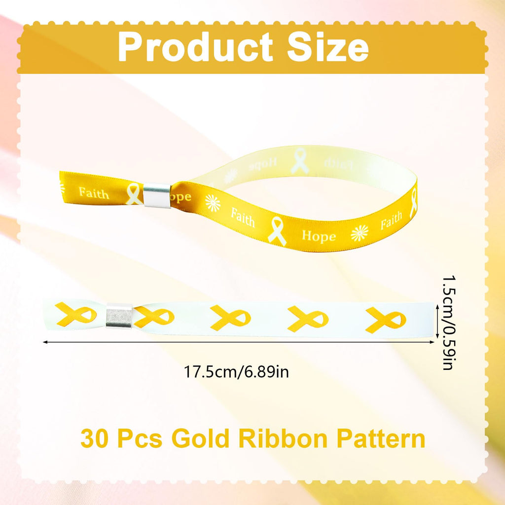 WANDIC 30 Pcs Gold Ribbon Bracelets, 5 Style Polyester Single Side Adjustable Childhood Cancer Awareness Support Wristband for Event Fundraising, 6.89 * 0.59 * 0.07, no Gemstone
