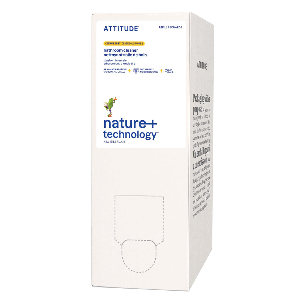 ATTITUDE Bathroom Cleaner Spray Refill, EWG Verified, Plant-Based & Vegan, Safe for Bathroom Surfaces, Tiles, Tubs, Shower Walls, and Grout, Citrus Zest Scent, 135.26 Fl Oz