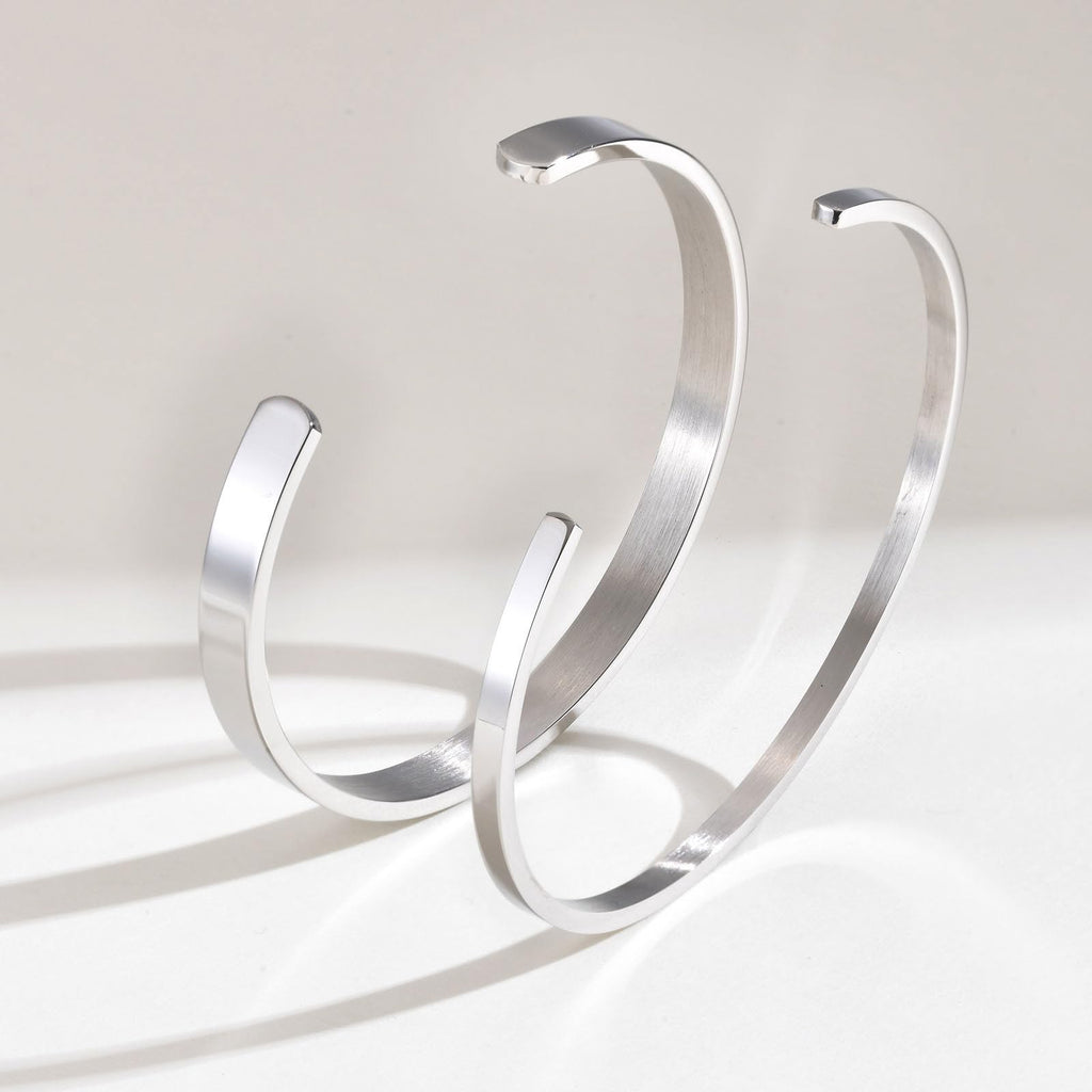 MEALGUET Stainless Steel Mens Cuff Bracelet : Polished 2 Pcs Stackable Metal Minimalist Open Cuffs Bangle Bracelet Set for Men,Mens Jewelry Gift, Silver