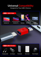 Afterplug USB C to C Data Blocker, Anti Juice Jacking, for Charge Only, Case Friendly Design, Support up to 240W PD Charging (2-Pack), Red