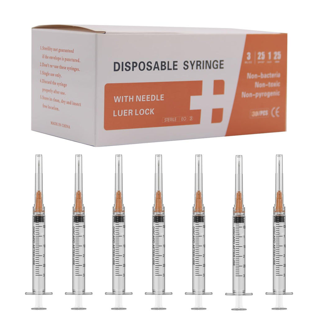 23 Gauge 1 inch Needle with Syringe(30 Pack), 3ml Luer Lock Syringes with Needle, Individual Package