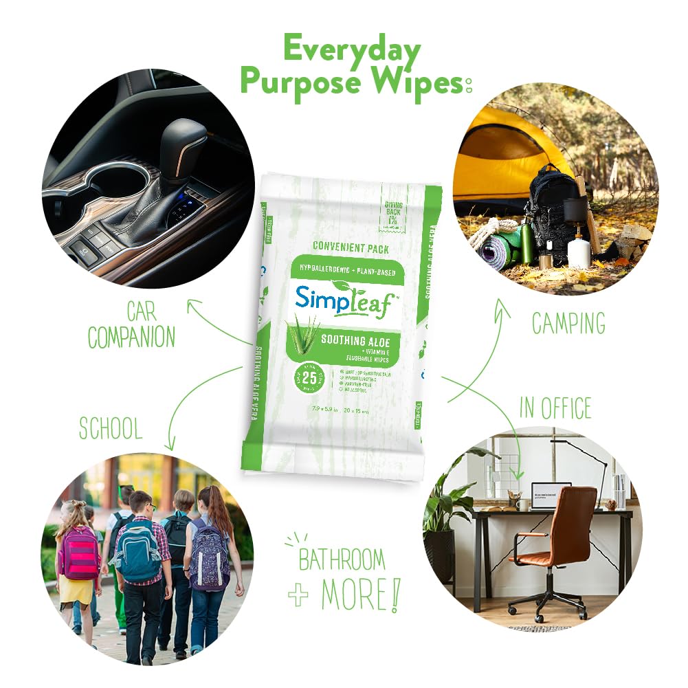 Simpleaf Flushable Wet Wipes Aloe Vera| Eco-Friendly, Paraben & Alcohol Free | Hypoallergenic & Safe for Sensitive Skin | Soothing Aloe Formula | (6 x 25 Counts Convenient Pack) 150 Counts Total