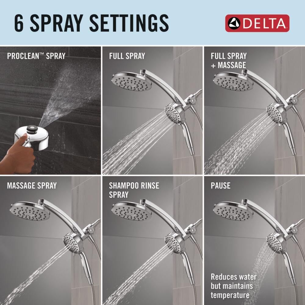 Delta 6-Setting PivotPro 3-in-1 Combination Shower Head with ProClean Spray, Chrome Round Shower Head Rainfall with Handheld Spray, 1.75 GPM, Chrome 75649